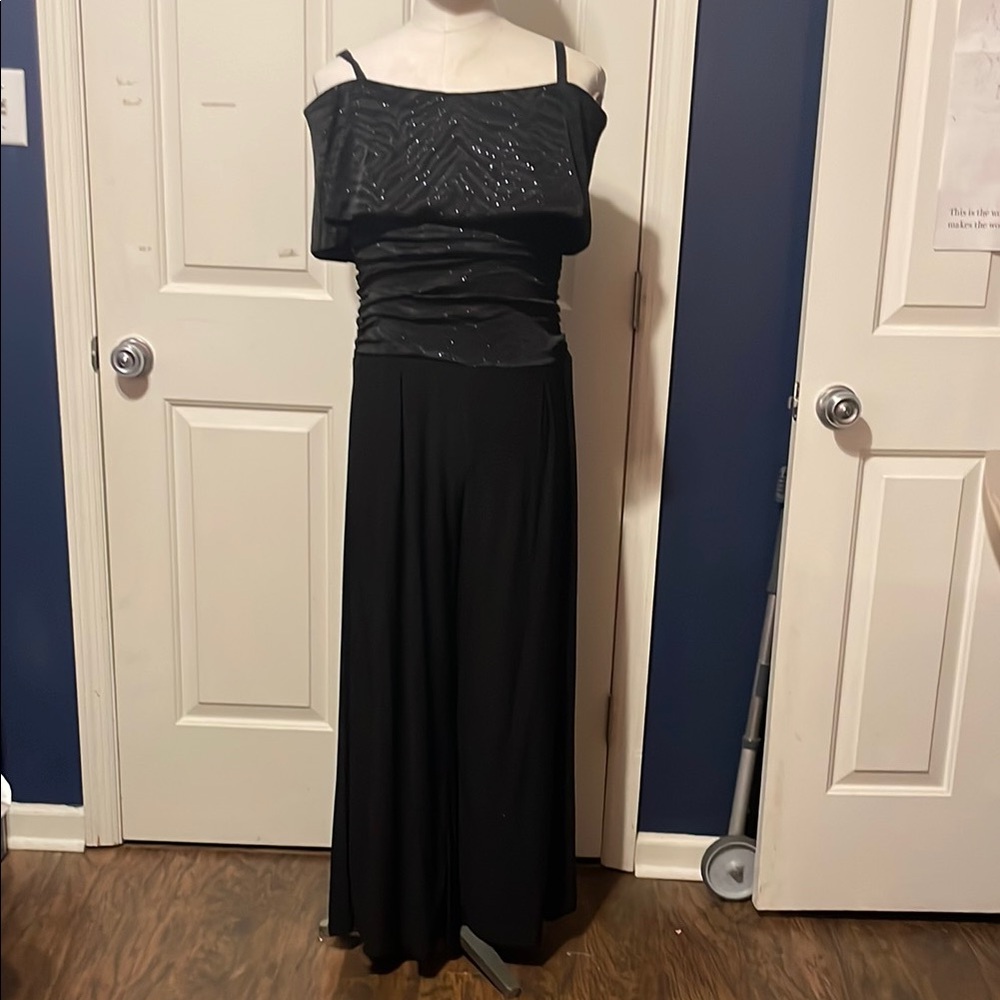 R&M Richards Black Shimmer Off the Shoulder Suit with Elegant Spaghetti Straps